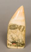 A 19th century polychrome scrimshaw whales tooth One side depicting a ship in a stormy sea,