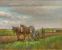 GEOFFREY MORTIMER (1895-1986) British (AR) The Ploughing Team Oil on board, signed, framed. 26.