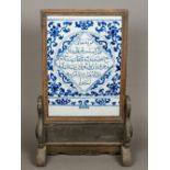 A Chinese blue and white porcelain mounted wooden table screen The porcelain panel centred with a