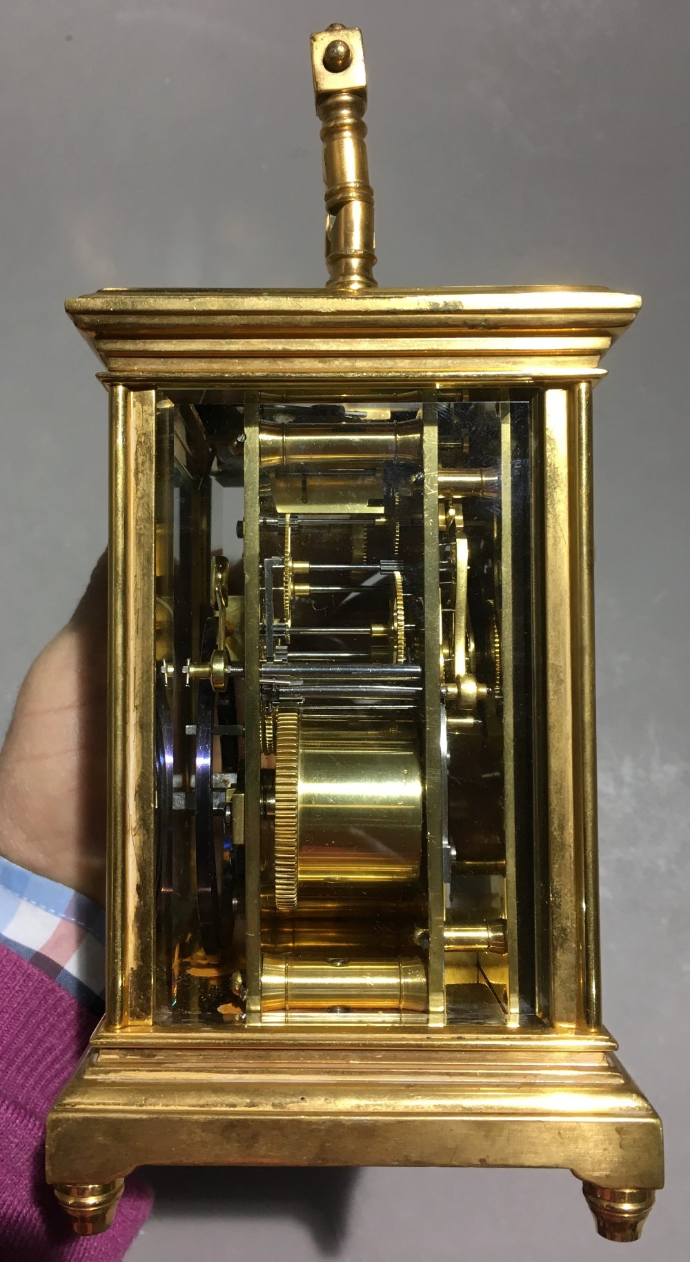 A lacquered brass cased repeating carriage clock With turned loop handle and silvered dial with - Image 5 of 8