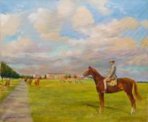 M E CHADBURN (born 1939) British (AR) Huntsmen on Horseback With Hounds Before a Country House Oil