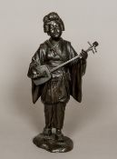 A Japanese Meiji period patinated bronze figure Modelled as a Geisha playing a shamisen,