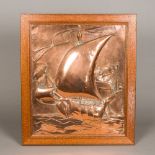 An Arts & Crafts copper panel Decorated in relief with a sailing ship at full mask, framed. 46.
