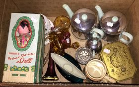 A box of miscellaneous items, including glass, ceramics,