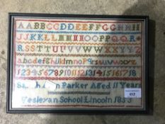 A Victorian sampler, worked by Sarah Ann Parker, aged 11 years, Wesleyan School, Lincoln,