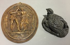 An animalia group of partridges and a plaque depicting a courting couple