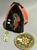 Two pieces of cloisonne and a tea cosy