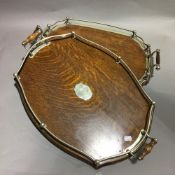Two silver plated galleried oak trays
