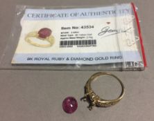 A 9 ct gold ruby and diamond set ring (stone loose),