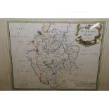 Framed and mounted coloured map of Bedfordshire by Robert Morden circa 1695 (41cm x 33cm excluding