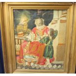 19th C gilt framed embroidered and print silk work panel depicting clergyman and child (73cm x