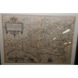 Framed and mounted map of Dorest by Kip & Hole circa 1637 with coloured detail,