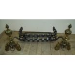 Elaborate brass and wrought metal fire basket with lion mask faced fire dogs (width 100cm)