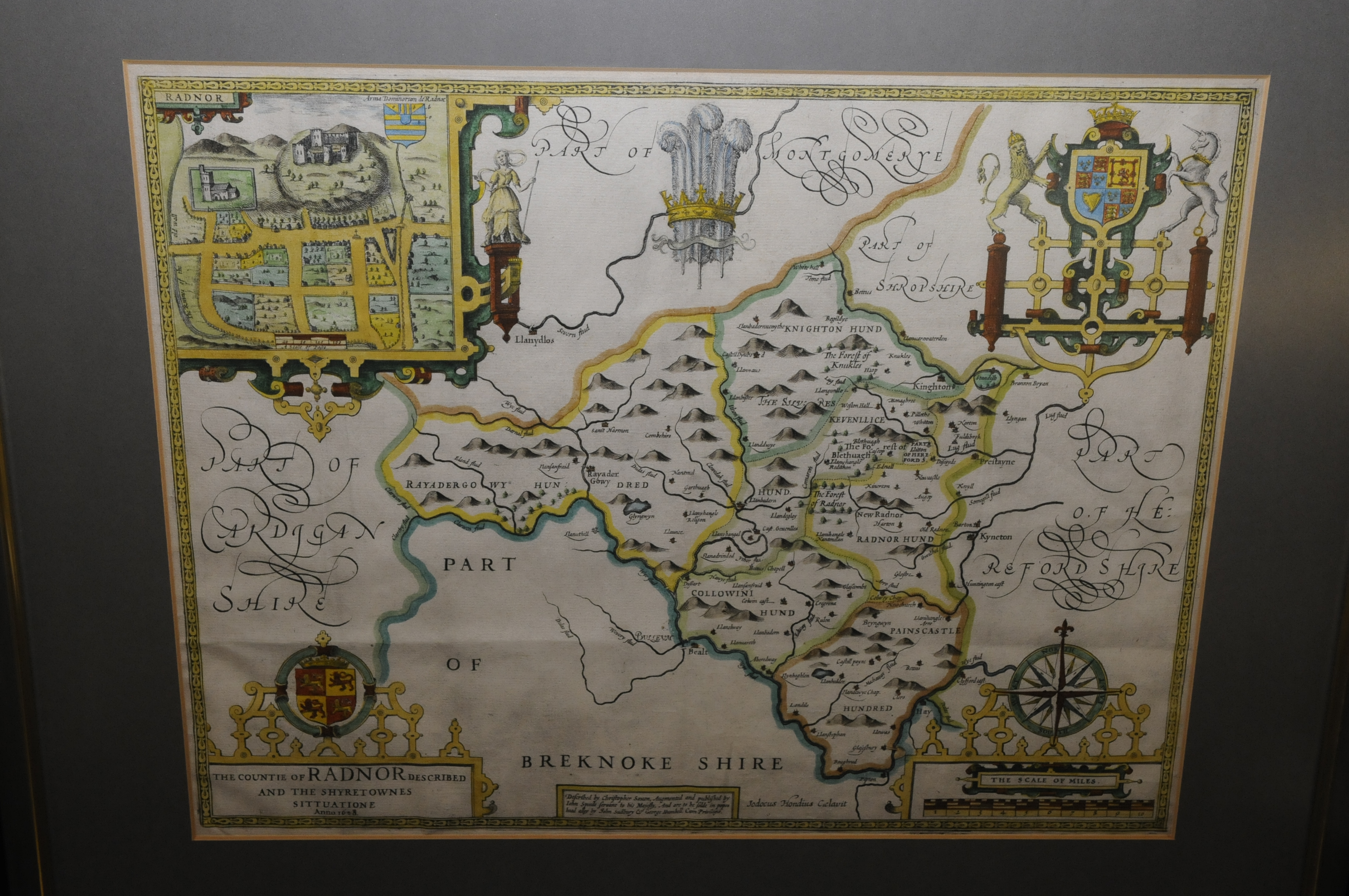 Framed and mounted coloured map of Radnor-Sudbury & Humble circa 1610 attributed to John Speed (51.