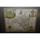 Framed and mounted coloured map of Radnor-Sudbury & Humble circa 1610 attributed to John Speed (51.