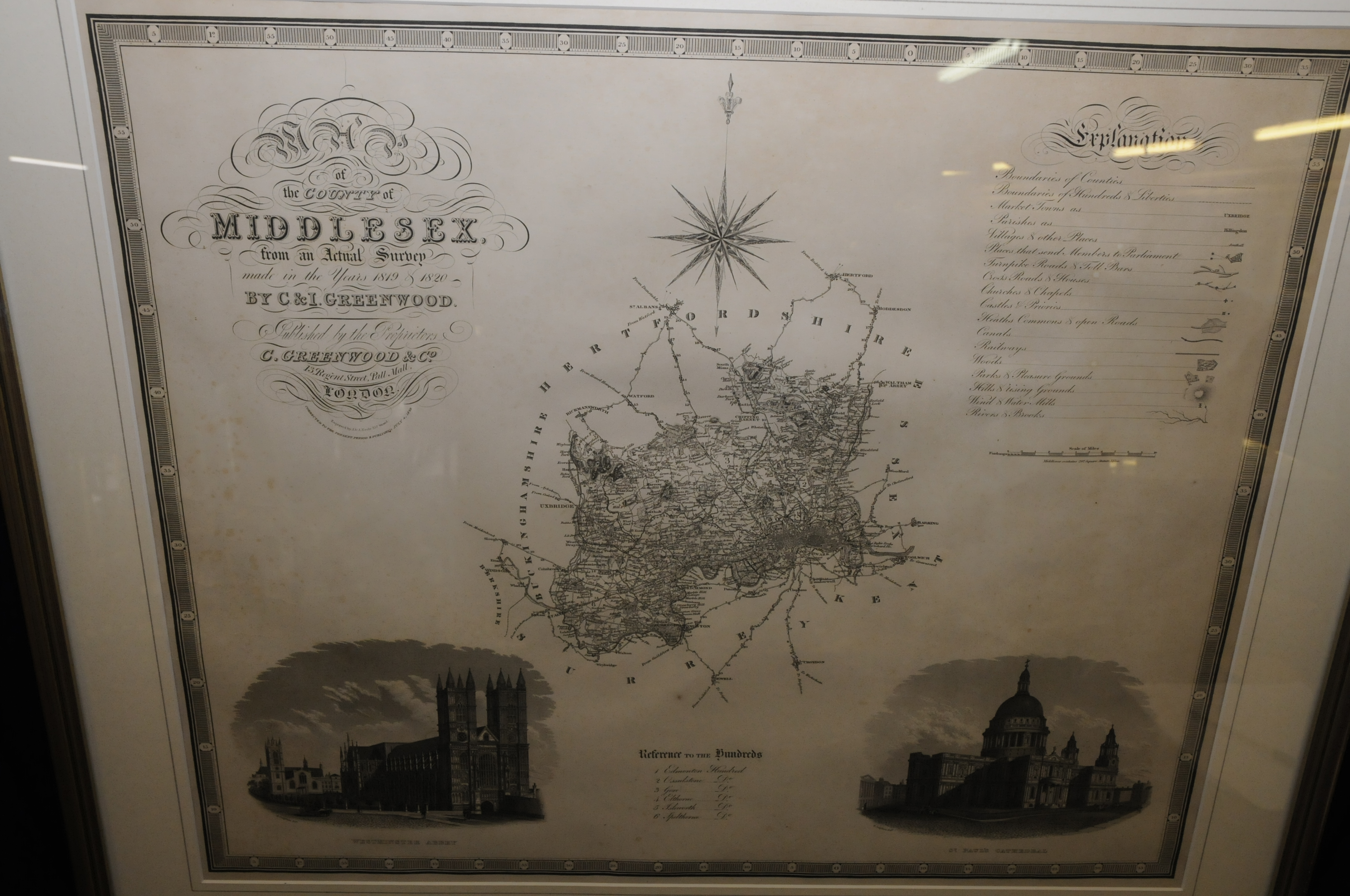 Framed and mounted uncoloured map of the county of Middlesex by C & I.