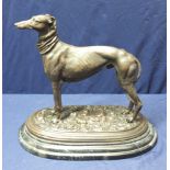 Contemporary bronze figure of a whippet on stepped marble base (29cm high)