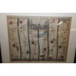 Framed and mounted Ogilby Chelmsford-Gravesend-Canterbury-Deal/Dover ribbon map circa 1675 by John