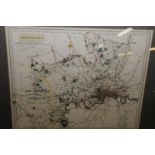 Framed and mounted coloured map by J & C Walker of Middlesex circa 1850 depicting Her Majesty's