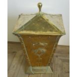 Brass Art Nouveau coal bucket of square form with twin handles and cover (height 63cm)