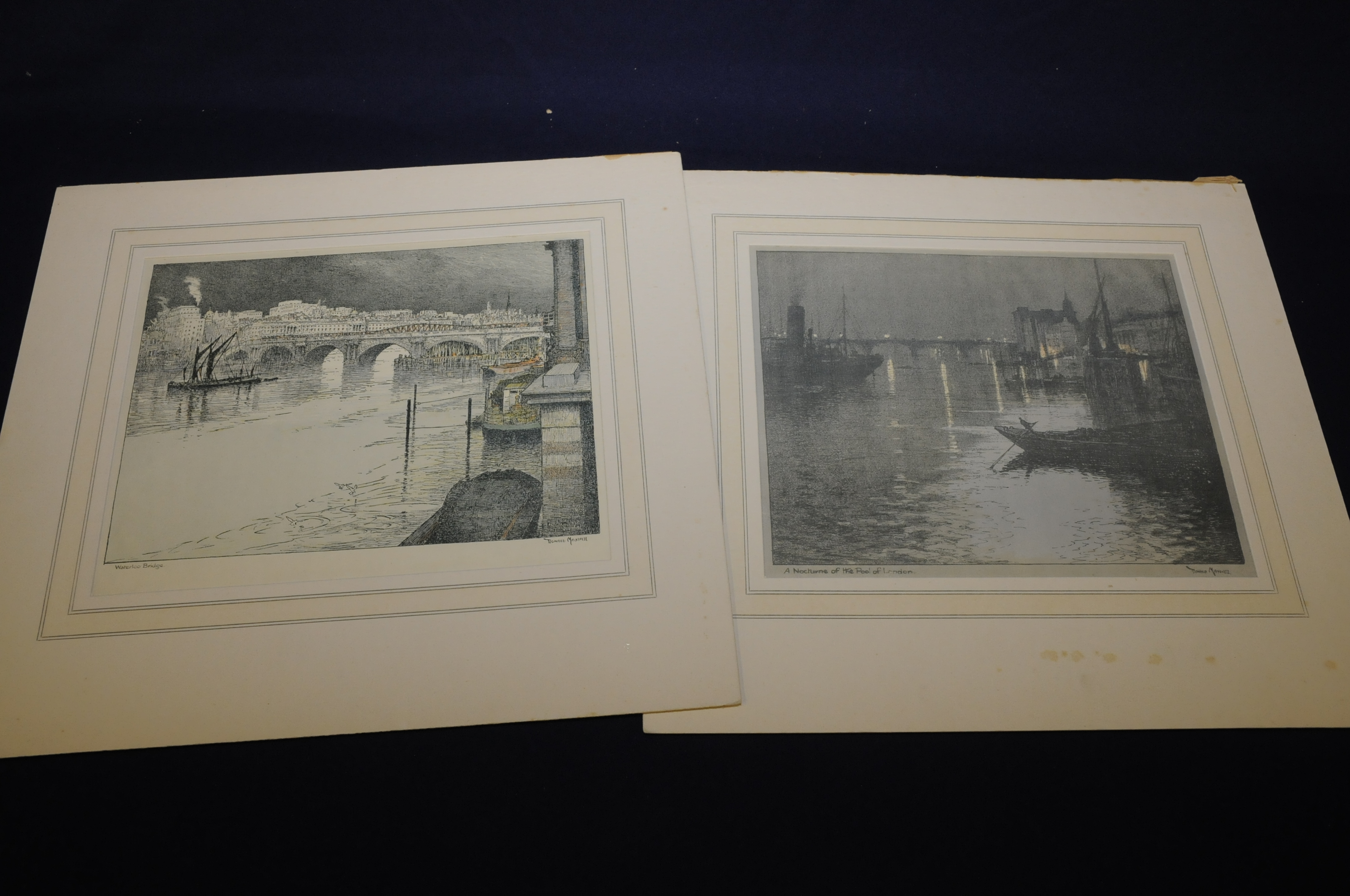 Pair of mounted unframed Donald Maxwell coloured engravings 'Waterloo Bridge' and 'A Nocturne of