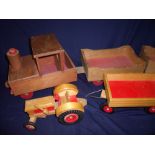 Wooden constructed train & two carriages and a wooden constructed tractor and tipping trailer