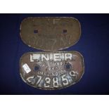 Two LNER 21 ton wagon plates including 1947 Darlington No 301742 and 1946 Darlington No 273859