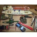 Box containing a selection of model boats, Air Fix type Royal Mail NO 14 stage coach,