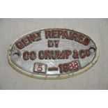 Oval aluminium wagon plate 'GENLY repaired by C C Crump & Co 5-1988'