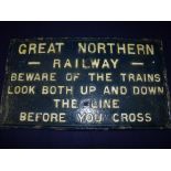 Great Northern Railway cast metal notice sign "Beware of the trains look both up and down the