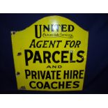 Double sided enamel United Automobile Services Ltd advertising sign "Agent for parcels and private