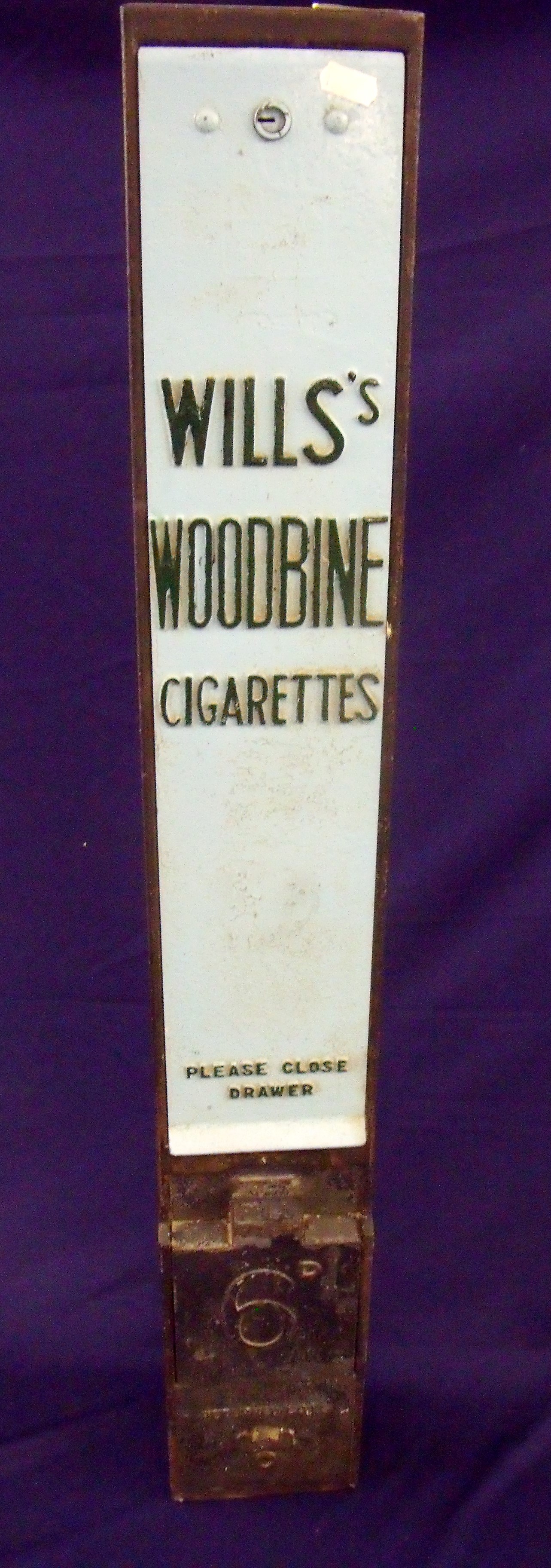 Wills Woodbine cigarettes wall mounted cast metal vending machine (13cm x 8cm x 91cm)