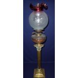 Victorian oil lamp with heavy Corinthian column and square stepped base with cut clear glass