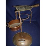 19th C brass and wrought metal fire side trivet with turned wood handle,