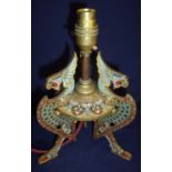 Early to mid 20th C gilt metal and cloisonne table lamp supported by three griffin shaped supports