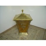 Brass Art Nouveau coal bucket of square form with twin handles and cover (height 63cm)