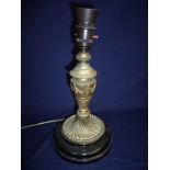 Victorian brass table lamp with regency urn shaped column on turned ceramic base,