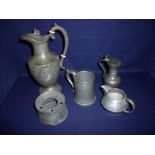 Group of 19th and later pewter including claret style jug with hinged lid & embossed floral design