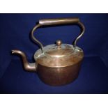 19th C oval bodied copper kettle with barrel handle and oval lift off lid (30cm x 33cm x 21.