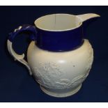 19th C jug with relief moulded hunting scene and blue glazed rim (with stapled repair) (height