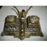 Late Victorian elaborate brass twin inkw