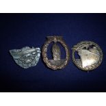 Three German WWII type naval combat badges,