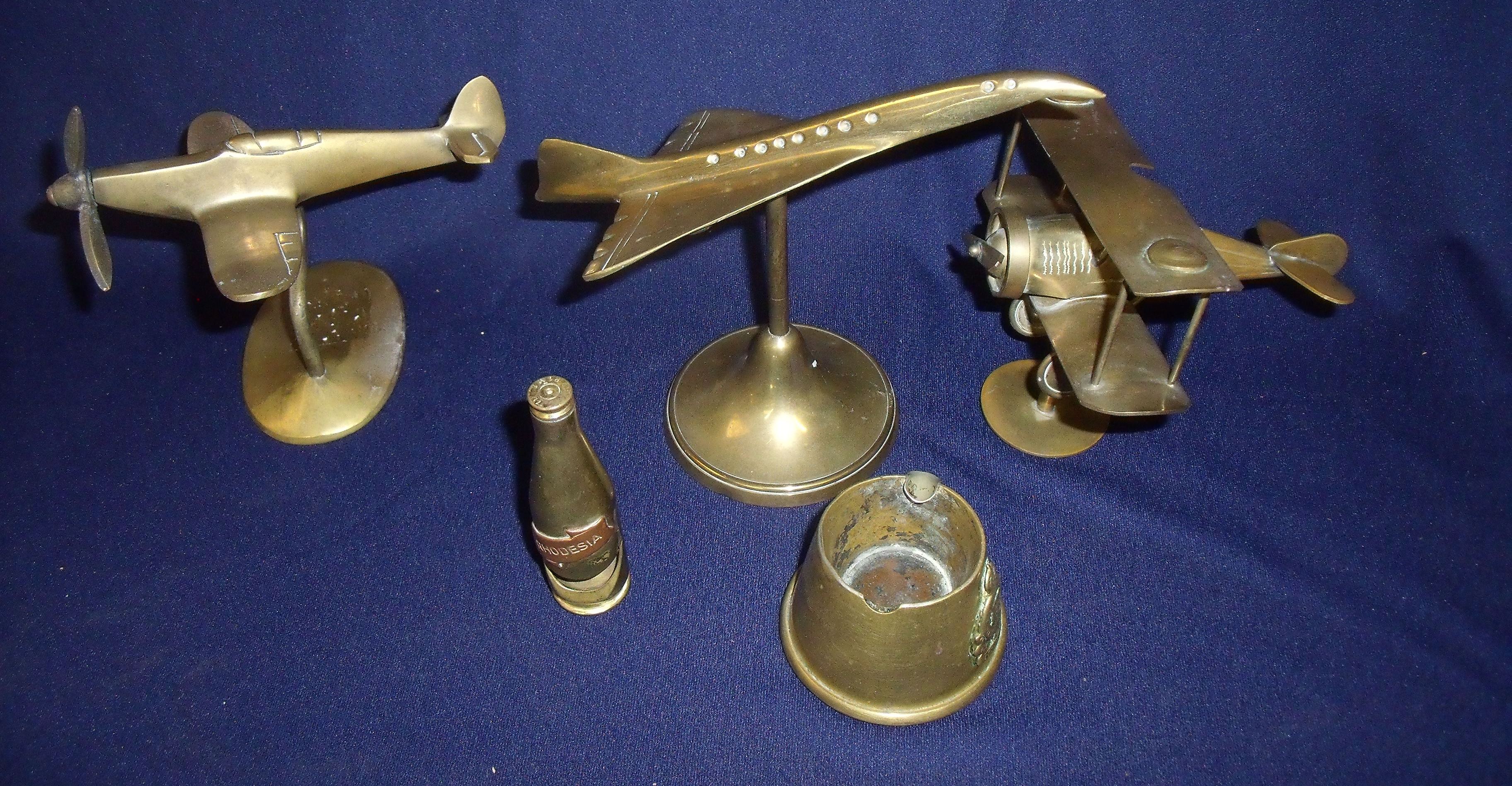 Selection of trench art style brass ware including ashtray, Rhodesia bottle opener,