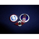 Three German and Fascist Movement enamel badges including BUF Lightening Strike,