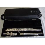 Cased Gemeinhardt silver finished flute with various makers marks including 'Gemeinhardt Elkhart