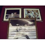 Three framed and mounted Apollo Moon Mission photographs signed by various astronauts etc including