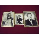 Three signed black & white framed photographs of Gracie Fields 16cm x 11cm excluding frame,