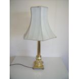 Brass Corinthian column table lamp on stepped square base complete with shade (height 78cm)