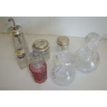 Selection of glass table jars including cranberry glass and silver hallmark topped jars including