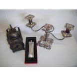 Electric brass cased lantern clock, twin branch silver plated candelabra and a cased English